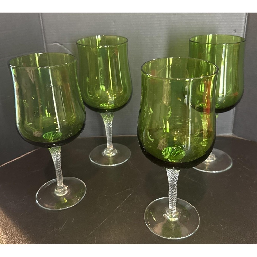 Vintage Green Tulip Wine Glass Glasses Clear Twisted Stem 7" Tall‎ Set Of 4 MCM
